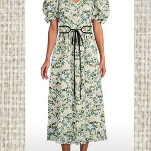 ANTONIO MELANI X Jennifer Sumko Green and White Puff Sleeve Midi Sundress